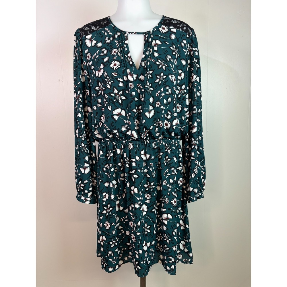 Express Dress Large Green Lace Inset Keyhole Elastic Waist Long Sleeve Cocktail